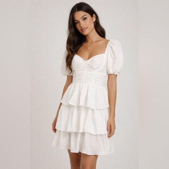 PrettyLittleThing Dresses & Skirts - PrettyLittleThing Mini Dress Size 4 White Tiered Ruffle Puff Sleeve Corset